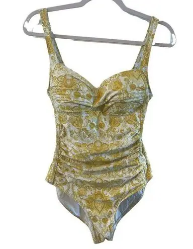 Niptuck Womens Floral Yellow Gray White Ruched Bodice One Piece Swim Suit 8