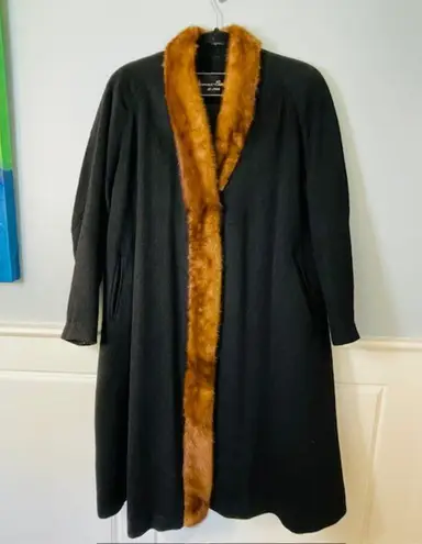 Vintage 40's Famous Barr Mink Brown Fur Trim Wool Black Coat