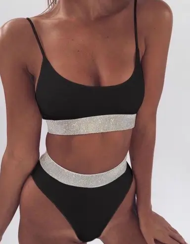emma bling trim high waist swimsuits set black Size L