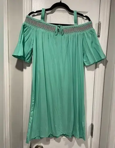 Caribbean Joe Size M Off the Shoulder Tie Neck Mint Green Pink Embroidered Dress