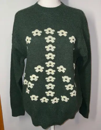 Witty Fox Green Peace Sign Floral Knit Sweater Young Contemporary Size S