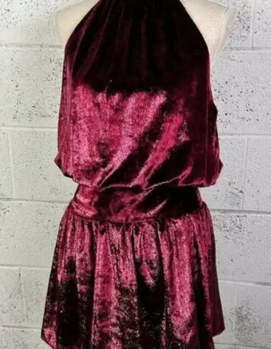 Ramy Brook Women Ellin Velvet Halter Neck Mini Dress Smocked Waist Red L