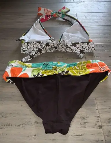 La Blanca Brown & Colorful Tropical Floral Triangle Halter Bikini Swimsuit 6/8