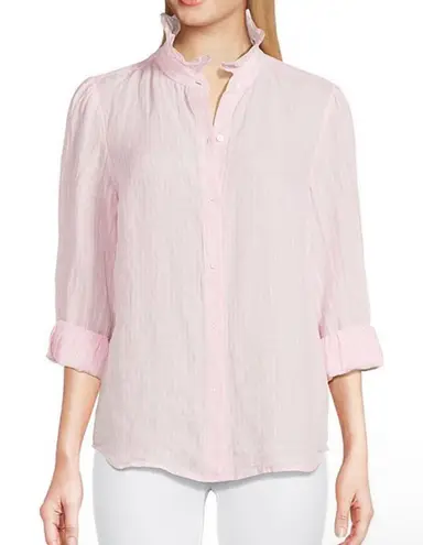 J.MCLAUGHLIN Julian Stripe Print Ruffle Collar Button Front Shirt Size Small Pink