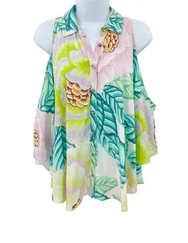 Mara Hoffman Tropical Print Pastel Cold Shoulder Button Up Collared Shirt Top