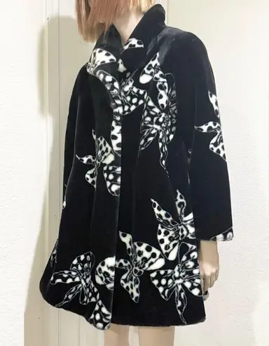 Vintage 80s DonnyBrook Black/White Bow Ribbon Print Faux Fur Coat Size Petite M Black