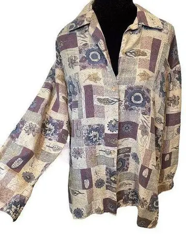 Stunt Vintage Silk Geometric Patchwork Autumn Fall Leaf Floral Button Up Top