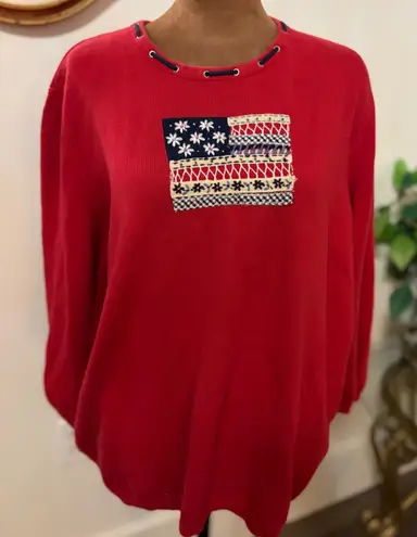 Alfred Dunner Red Patriotic American Flag Embroidered Sweatshirt