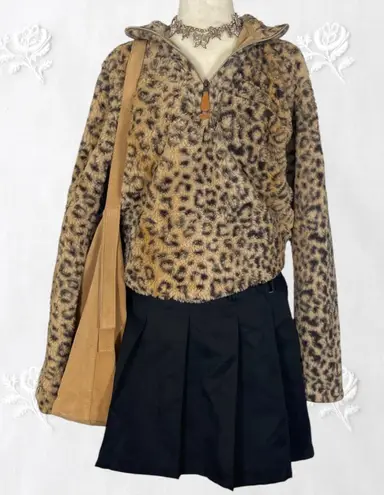 Y2K Fuzzy Brown Tan Soft Warm Leopard Animal Print Fleece Sweater M Medium