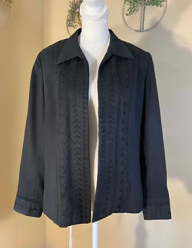 Vintage Blue Ice Black Faux Micro Suede Embroidered Open Front Blazer Size 8 Black