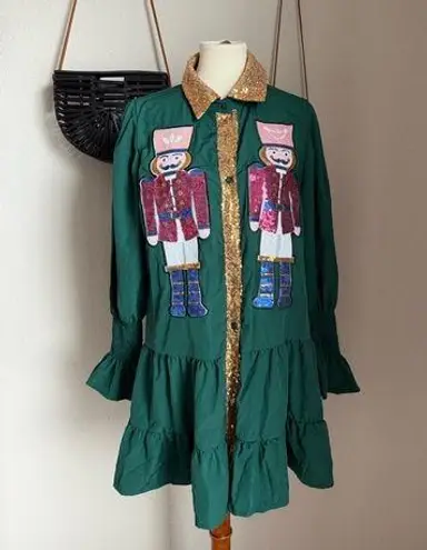 Impressions Nutcracker Green Sequin Long Sleeve Button Dress, Size Large thumbnail 1
