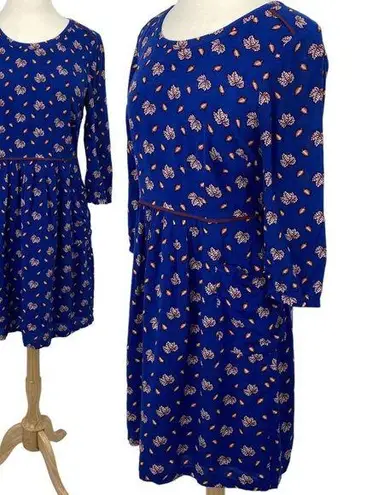 Boden Fit & Flare Mini Dress Allover Autumn Leaf Print Blue Flowy Womens 8