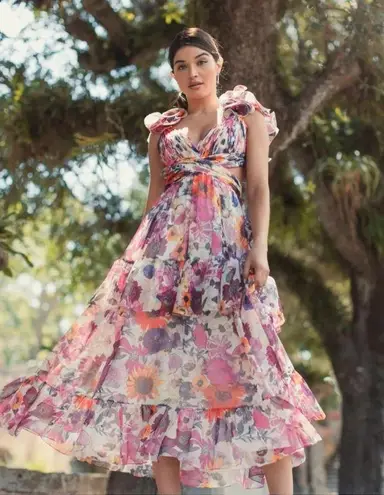 Mac Duggal Pink Floral Chiffon V Neck Ruffle Sleeveless Tiered Midi Dress 4