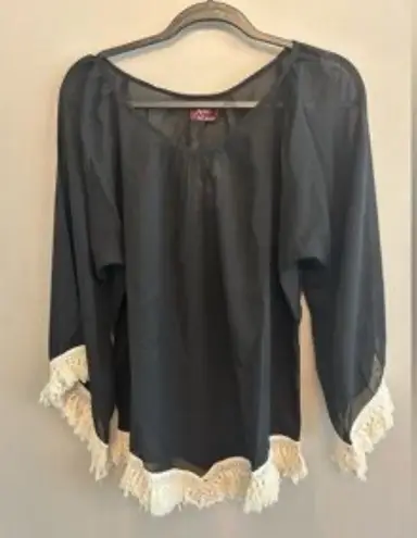 Avani Black Sheer Cream Fringe Tunic Top Cover up Resortwear Boho Western Fall Size XL