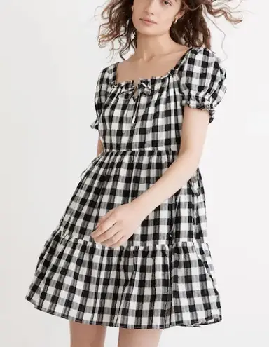 Madewell  Black White Buffalo Plaid Square Neck Tiered Gingham Mini Dress Large