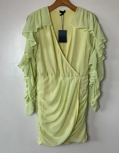 NBD Revolve Indira Ruched Ruffle Chiffon Mini Dress Yellow Sz Small