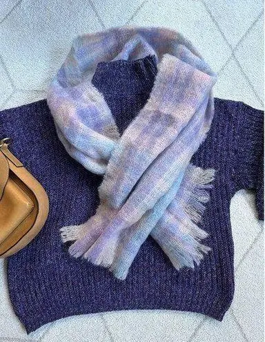 Vintage 60s Pastel Plaid Purple/Pink Fringe Mohair Wool Large 18x72 Rectangle Sc Purple