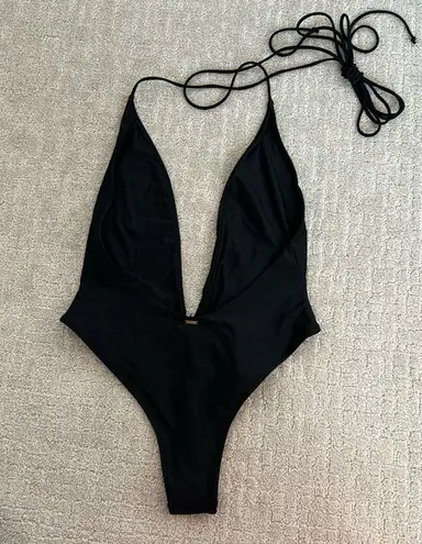 White Fox Boutique White Fox “Daydream Island” black shiny wrap sexy one piece swimsuit swimwear