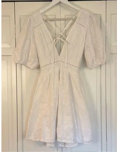 Kasia made in Greece cotton eyelet puff sleeve tie back dress White Size M