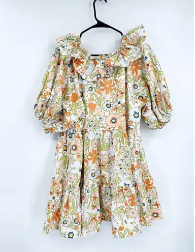 Cleobella Farrah Retro Floral Print Ruffled Puff Sleeve A-Line Poplin Mini Dress