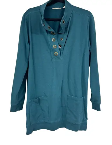 Soft Surroundings Teal Blue Snap Henley Tunic Top Long Sleeve Sweater Womens M