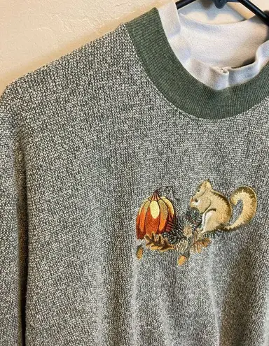 Bonworth 90's Vintage Squirrel Pumpkin Embroidered Knit Fall Sweatshirt XL