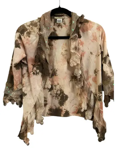 Rose Dimple Y2K Retro Boho Indie Tie Dye Cardigan Lace Sequin Embellished Small Brown