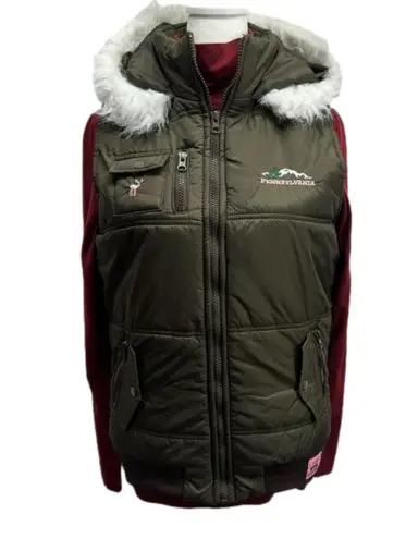 Pennsylvania Embroidered Olive Green Faux Fur Trim Puffer Vest Size Medium