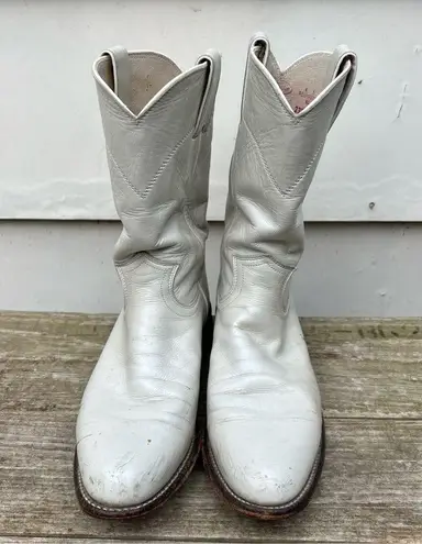 Justin Boots Vintage 90s White Eggshell Pearl Roper Pull On Cowgirl Western 6.5B