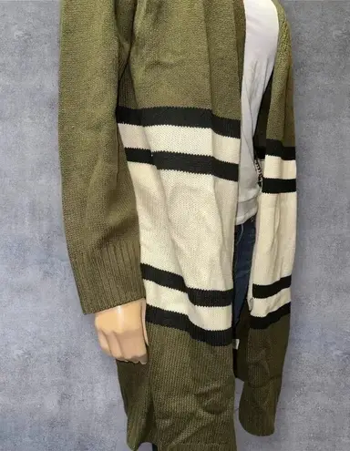 JODIFL women’s olive green striped open front knitted long cardigan sweater L