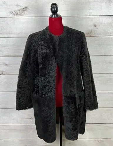 ZARA  Woman Studio Lamb Furskin Suede Lined Coat Jacket Open Front Black Sz XS/S