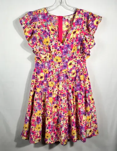 Entro Boutique  Pink Fuchsia Floral Ruffle Sleeve Tiered Fit & Flare Dress NWT M