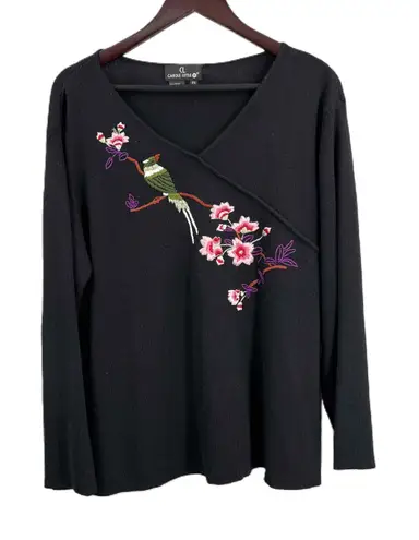 Carole Little Sweater Black Embroidered Bird Floral Wrap Look Sweater Womens 2X