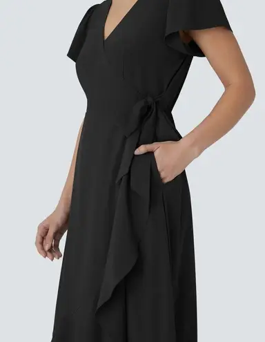 Halara Breezeful Wrapped Tie Ruffle Flowy Quick Dry Midi Casual Dress Black M