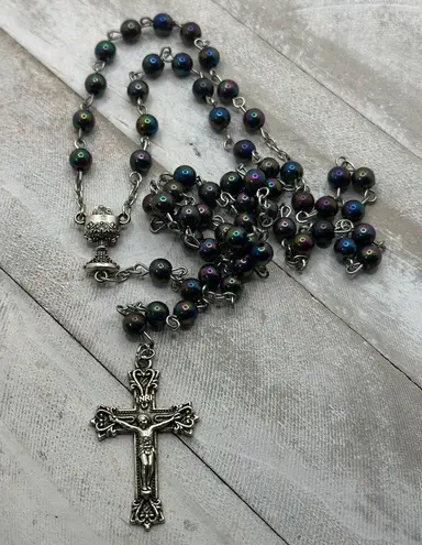 Vintage Black Iridescent Glass Bead Rosary, Catholic Prayer Beads, Crucifix