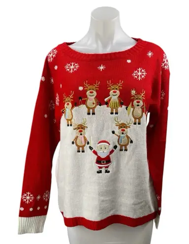 Women's Red Santa Claus Reindeer Fair Isle Embroidered Long Sleeve Sweater Sz M Size M