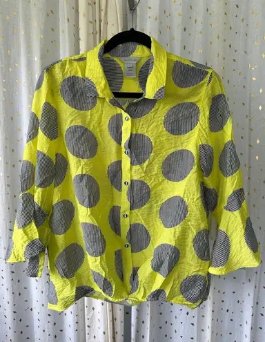 Multiples In The Round Geometric Front Gather Bell Sleeve Button Down Shirt S