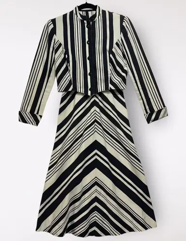 VTG 70s Eleanor Brenner ILGWU Dress Jacket 2 Piece 3/4 Striped Belt Posh Preppy Black Size 6