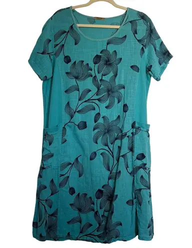 Beyond Capri Dress Women L Blue Black Floral Linen Lagenlook Coastal Vacation Size L