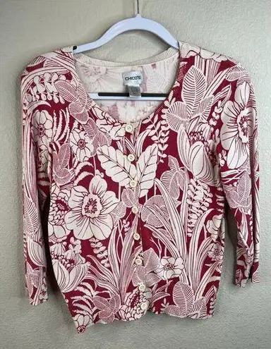 Chico's  cardigan Sweater Button Up size 0 botanical Print Pink And White