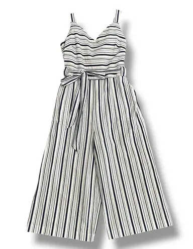 Elle Women’s Striped Jumpsuit L Navy White Belted Wide Leg Cropped Summer Outfit