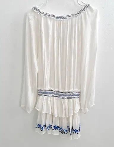 Surf Gypsy  Embroidered Tunic Swim Cover-Up Dress SMALL White Blue V-neck NEW