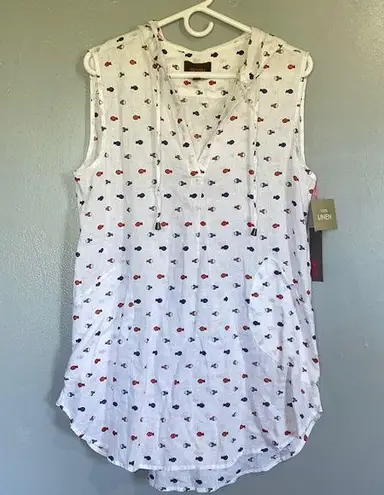 Forcynthia Beachwear Fish Linen Hooded Coverup, Large White