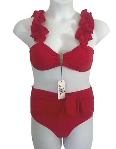 Sporlike High Waisted Ruffle Tie Red Adjustable Two