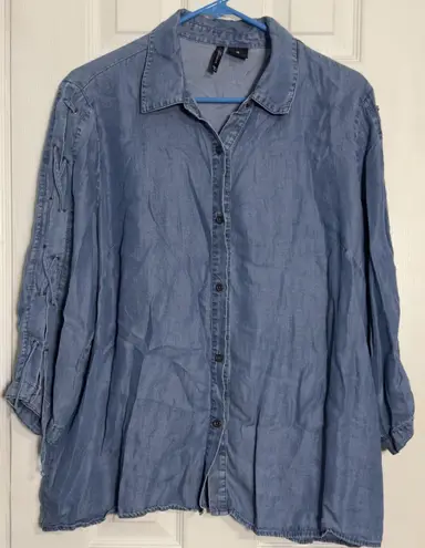 New Directions Curvy Blue Denim Look Button Up Long Sleeve Shirt, Lyocell, 1X