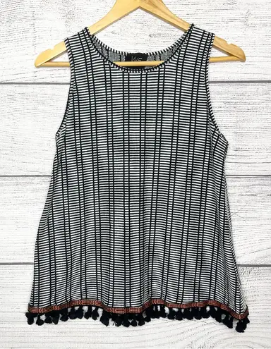 W5 Black & White Striped Boho Orange Fringe Trim Tank Top Size Small