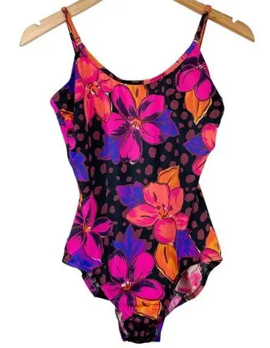 Vtg Abstract Print One Piece Swim Sz 14 Hawaiian Floral Dot Print Black