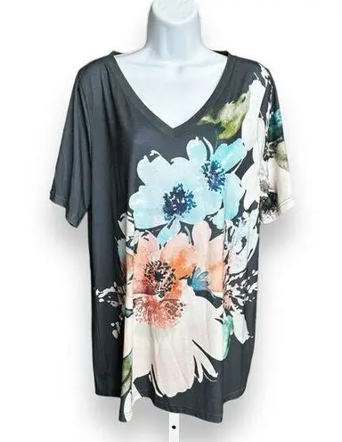 Bloomchic New Multicolor Floral Print Short Sleeve V-Neck T-shirt Gray 14/16 1X