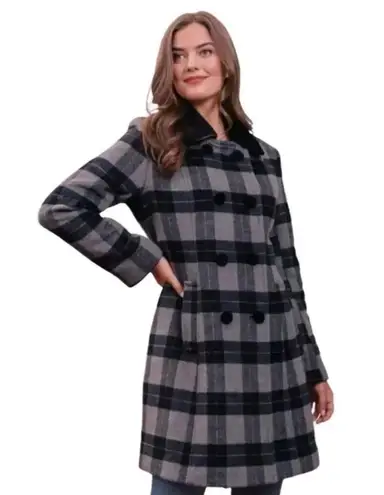 Gal Meets Glam Pea Coat Large Marnette Wool Plaid Velvet Black Double Breasted