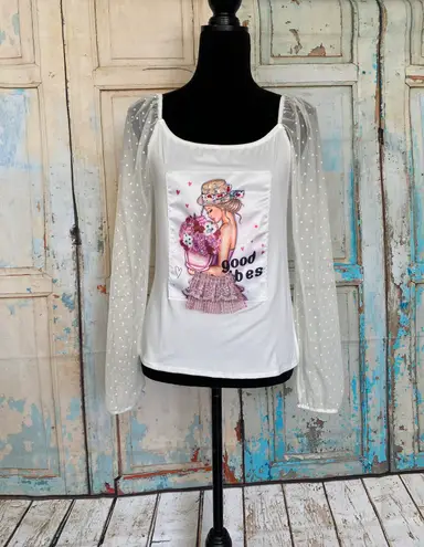 TMG Women's Dot Chiffon Long Sleeve Square Neck White Top “Good Vibes” Sz Large